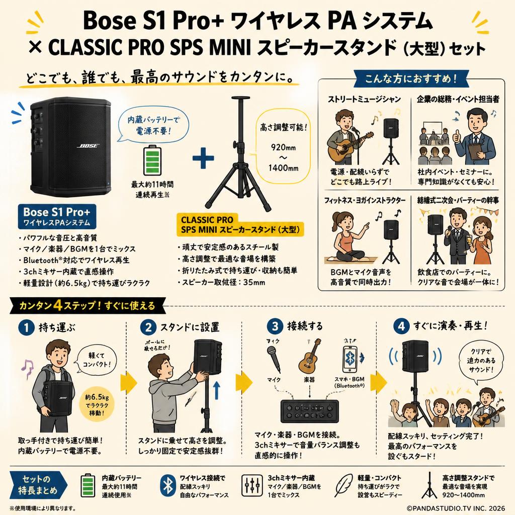 Bose S1 Pro+ wireless PA システム.CLASSIC PRO SPS MINI スピーカースタンド（大型） 【高さ調整可能：920mm - 1400mm】セット おもな対象のお客様