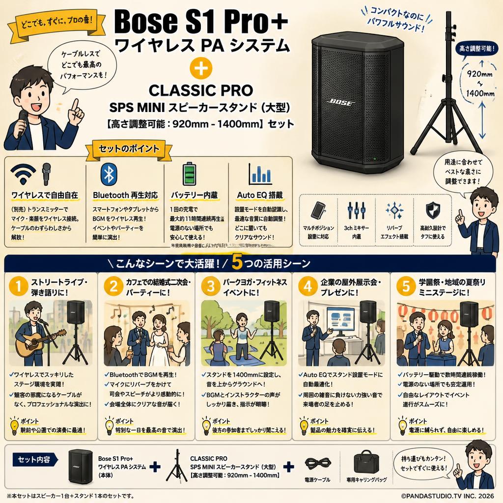 Bose S1 Pro+ wireless PA システム.CLASSIC PRO SPS MINI スピーカースタンド（大型） 【高さ調整可能：920mm - 1400mm】セット 用途