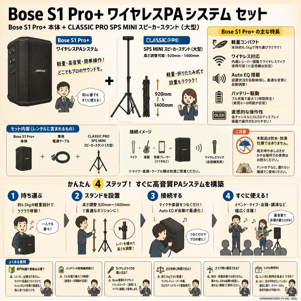 Bose S1 Pro+ wireless PA システム.CLASSIC PRO SPS MINI スピーカースタンド（大型） 【高さ調整可能：920mm - 1400mm】セット FAQ（よくある質問と答え）