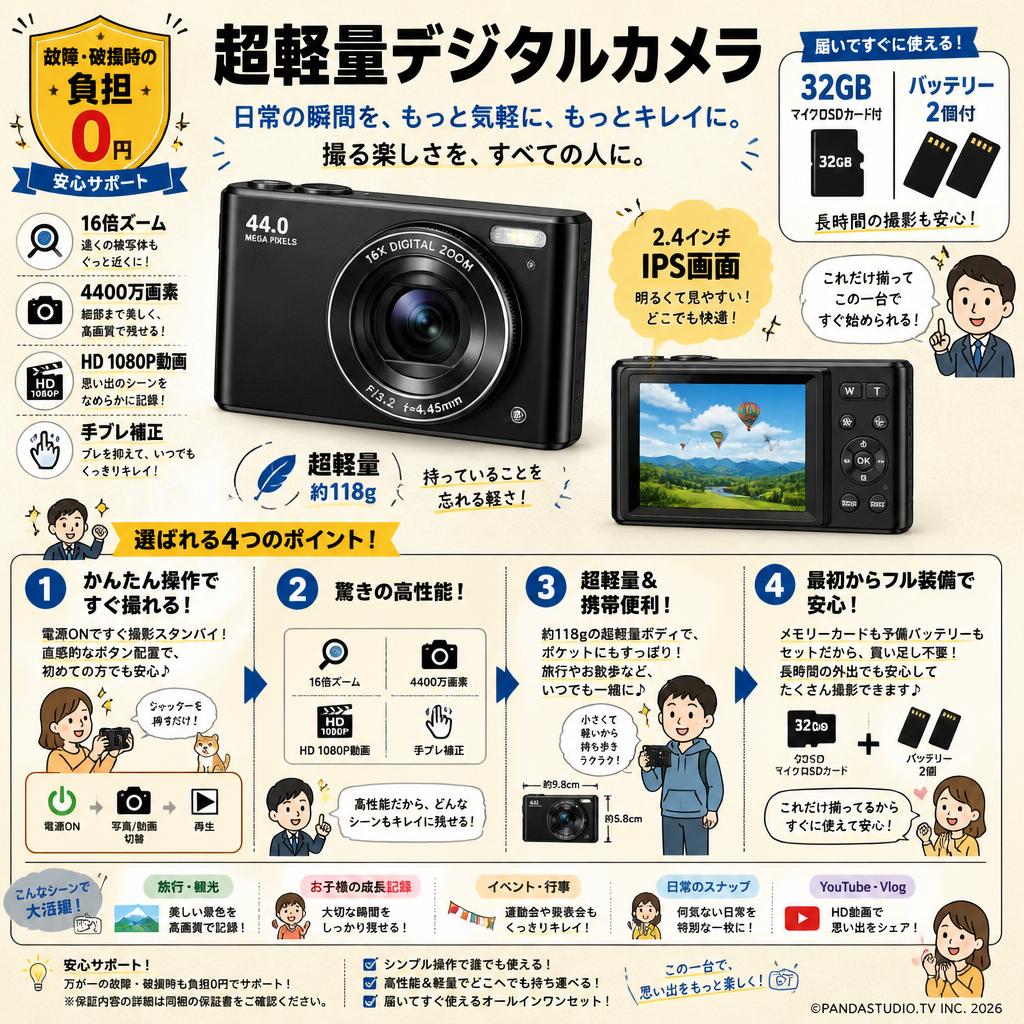 【故障・破損時の負担 0円】超軽量デジタルカメラ 32GBマイクロSDカード付　バッテリー 2個付 　16倍ズーム 4400万画素 HD 1080P 手ブレ補正 軽量 携帯便利 2.4インチIPS画面 概要