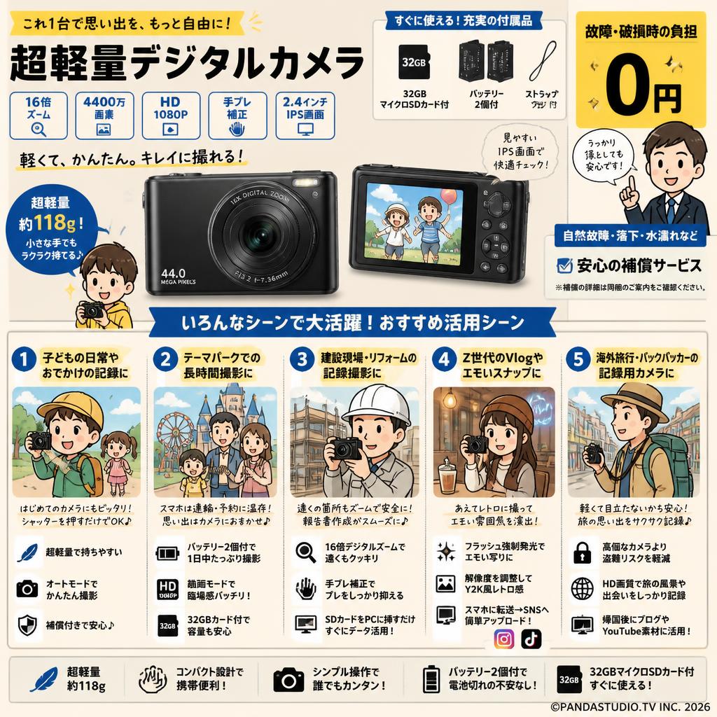 【故障・破損時の負担 0円】超軽量デジタルカメラ 32GBマイクロSDカード付　バッテリー 2個付 　16倍ズーム 4400万画素 HD 1080P 手ブレ補正 軽量 携帯便利 2.4インチIPS画面 用途