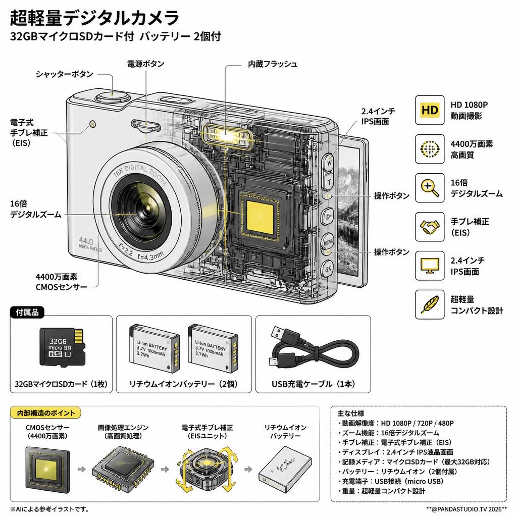【故障・破損時の負担 0円】超軽量デジタルカメラ 32GBマイクロSDカード付　バッテリー 2個付 　16倍ズーム 4400万画素 HD 1080P 手ブレ補正 軽量 携帯便利 2.4インチIPS画面 スペック