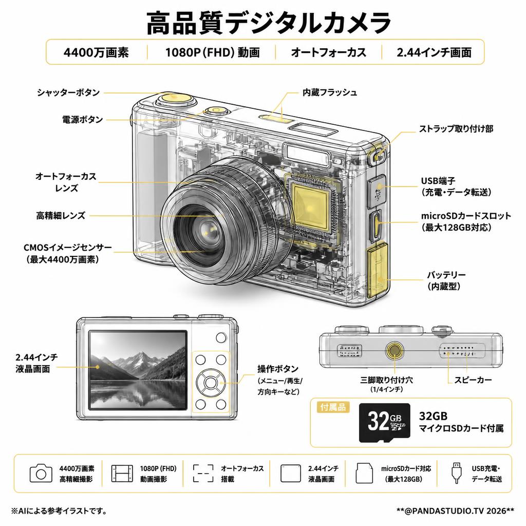 【故障・破損時の負担 0円】高品質デジタルカメラ　32GBマイクロSDカード付 4400万画素 1080P オートフォーカス 2.44インチ 画面 スペック