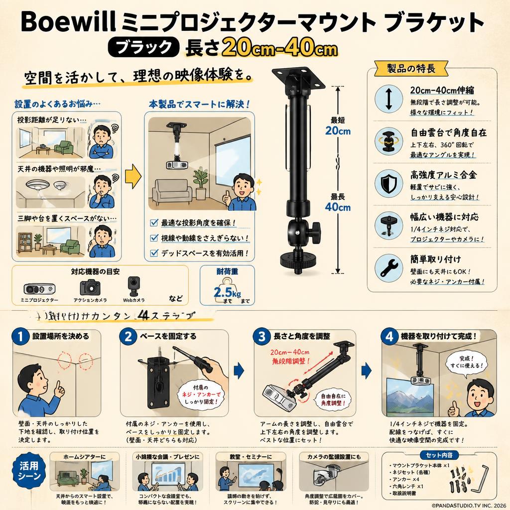 Boewill ミニプロジェクターマウント ブラケット  ブラック 長さ20cm-40cm 概要