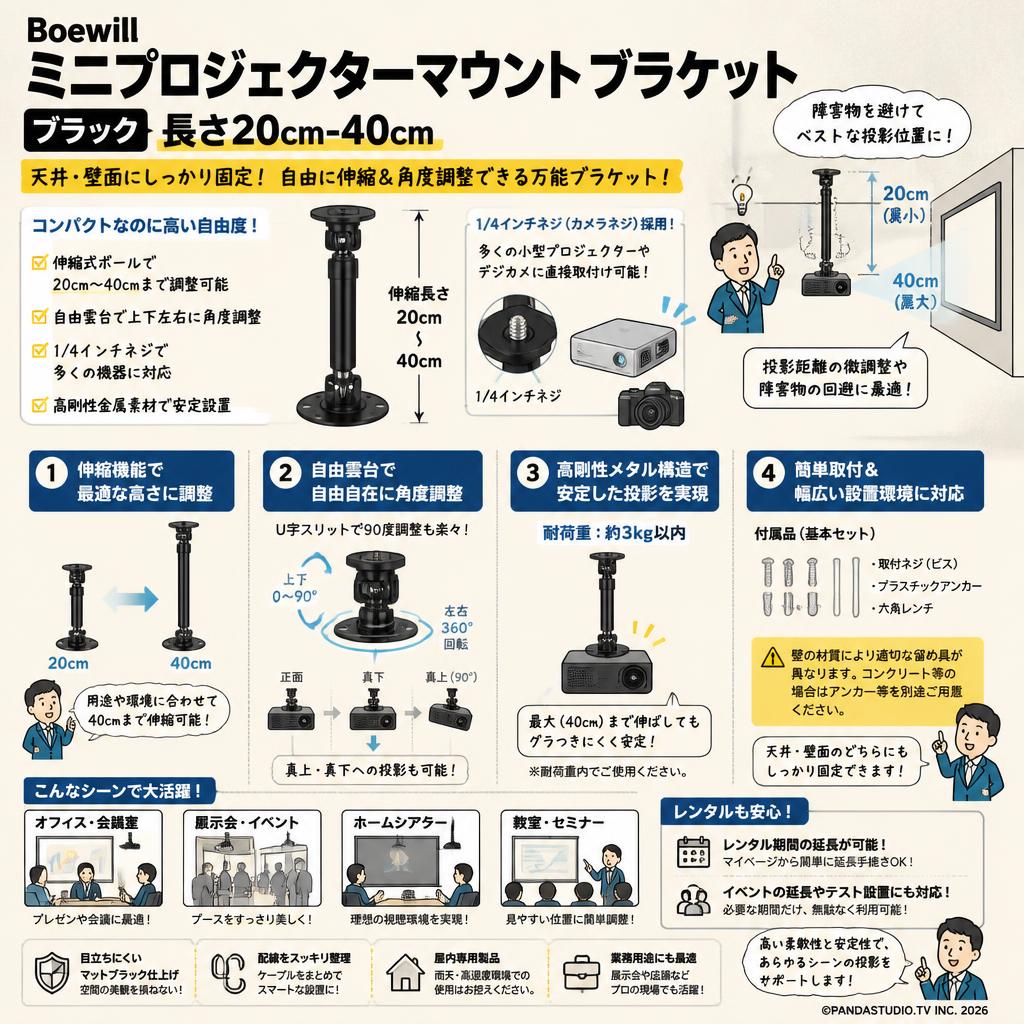Boewill ミニプロジェクターマウント ブラケット  ブラック 長さ20cm-40cm FAQ（よくある質問と答え）