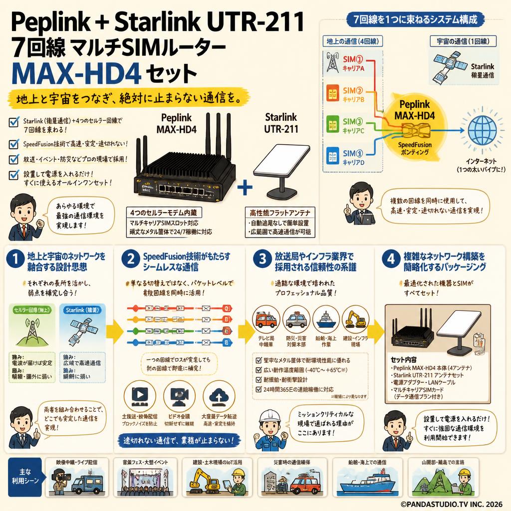 Peplink ＋ Starlink UTR-211 7回線 マルチSIMルーター MAX-HD4 セット 概要