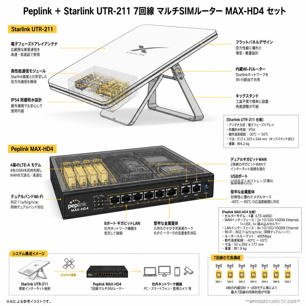 Peplink ＋ Starlink UTR-211 7回線 マルチSIMルーター MAX-HD4 セット スペック