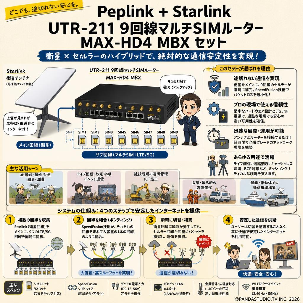 Peplink ＋ Starlink UTR-211 9回線マルチSIMルーター MAX-HD4 MBX セット 概要