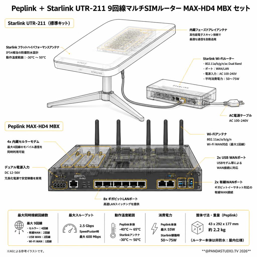 Peplink ＋ Starlink UTR-211 9回線マルチSIMルーター MAX-HD4 MBX セット スペック