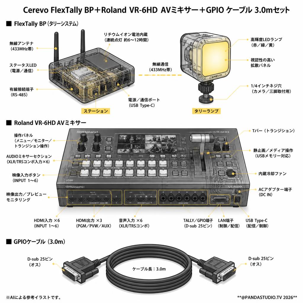 Cerevo FlexTally BP＋Roland VR-6HD  AVミキサー＋GPIO ケーブル 3.0mセット スペック