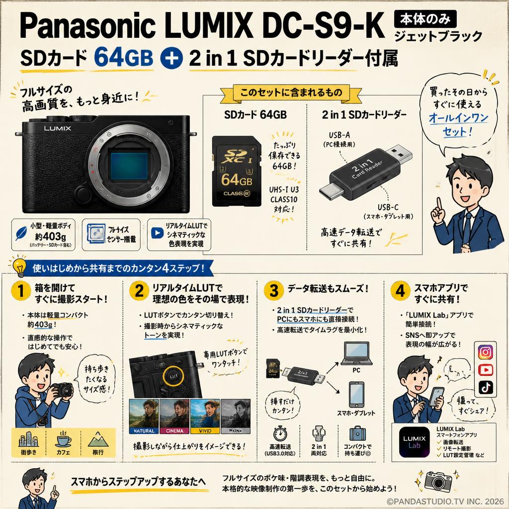 Panasonic LUMIX DC-S9-K 本体のみ ジェットブラック SDカード 64GB ＋ 2 in 1 SDカードリーダー付属 概要