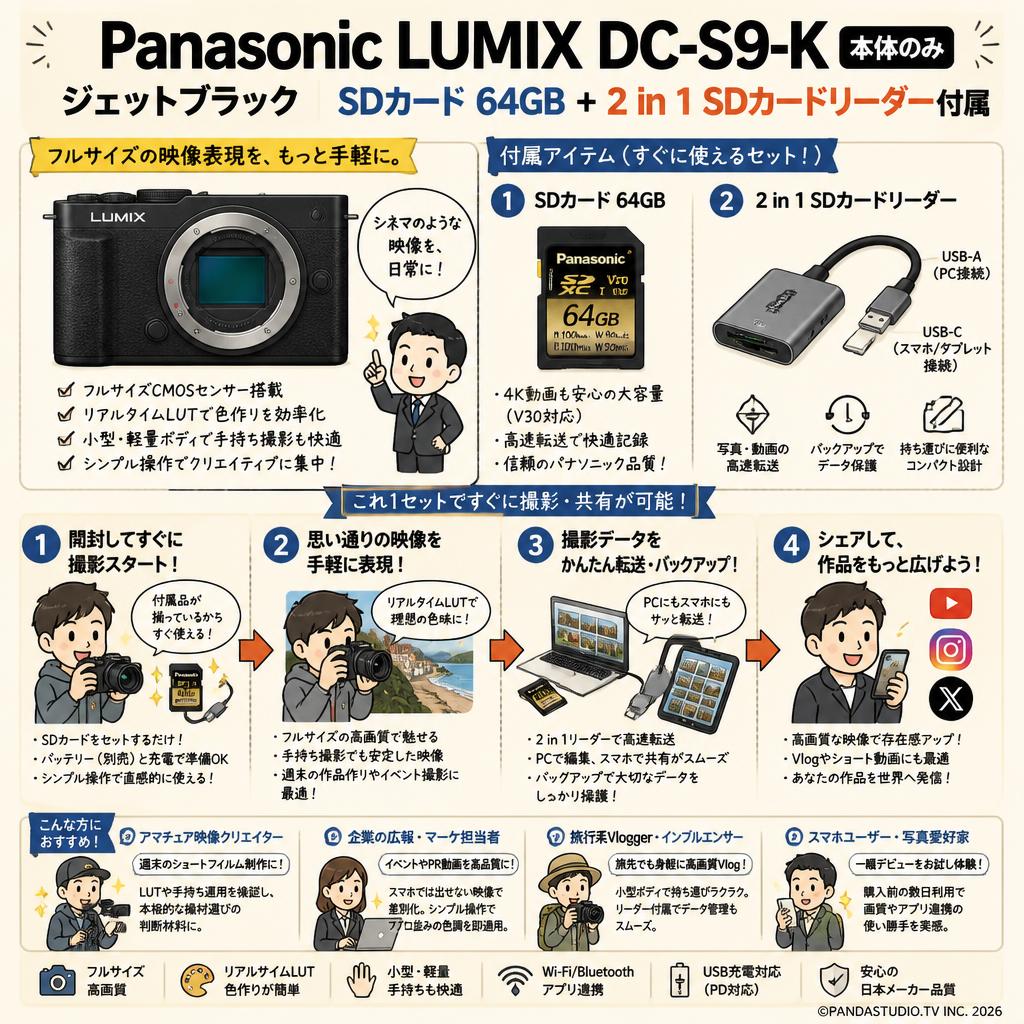 Panasonic LUMIX DC-S9-K 本体のみ ジェットブラック SDカード 64GB ＋ 2 in 1 SDカードリーダー付属 おもな対象のお客様