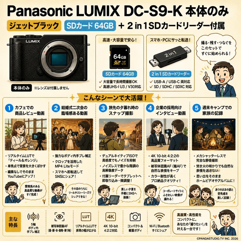 Panasonic LUMIX DC-S9-K 本体のみ ジェットブラック SDカード 64GB ＋ 2 in 1 SDカードリーダー付属 用途