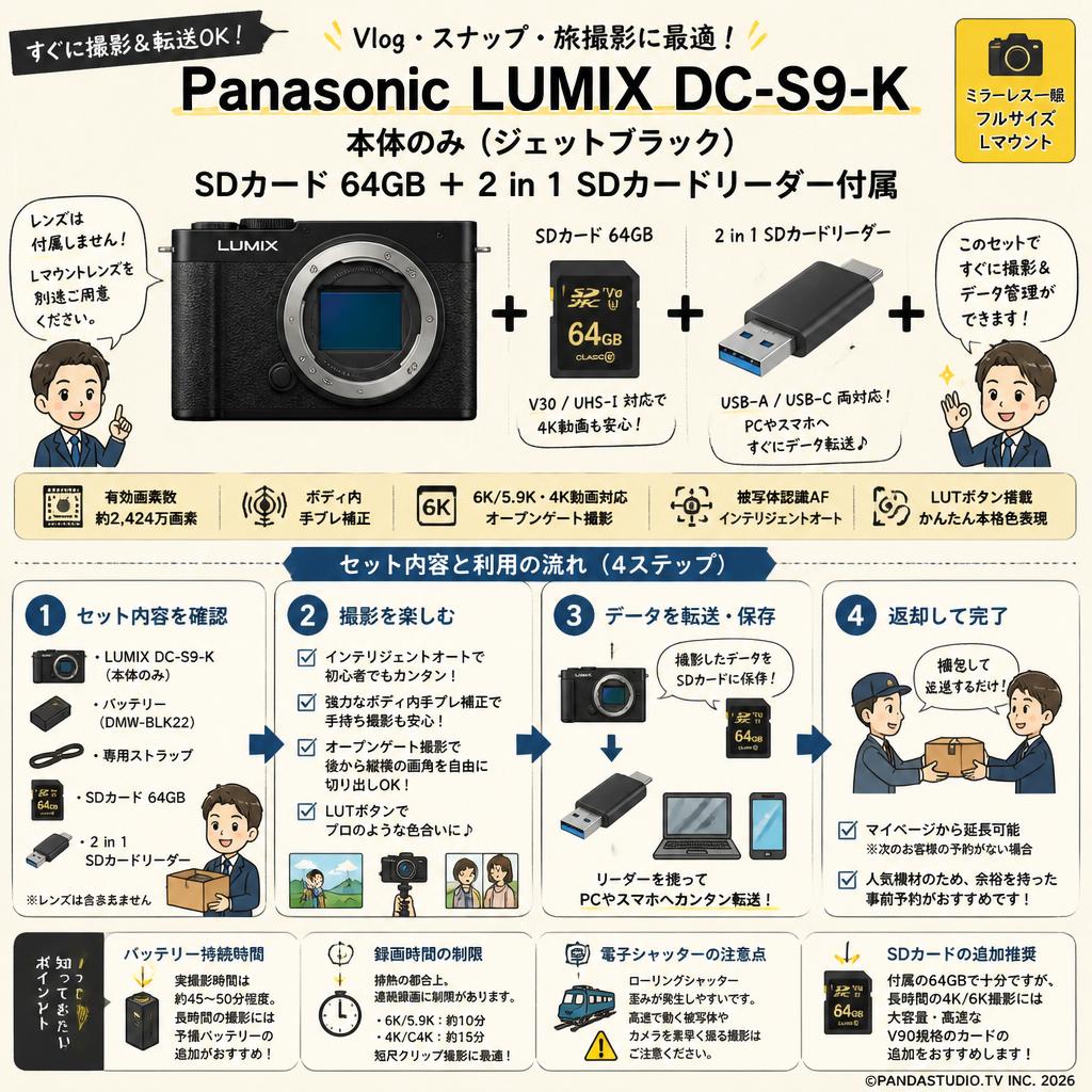 Panasonic LUMIX DC-S9-K 本体のみ ジェットブラック SDカード 64GB ＋ 2 in 1 SDカードリーダー付属 FAQ（よくある質問と答え）