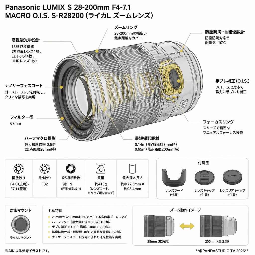 Panasonic LUMIX S 28-200mm F4-7.1  MACRO O.I.S. S-R28200 (ライカL ズームレンズ) スペック