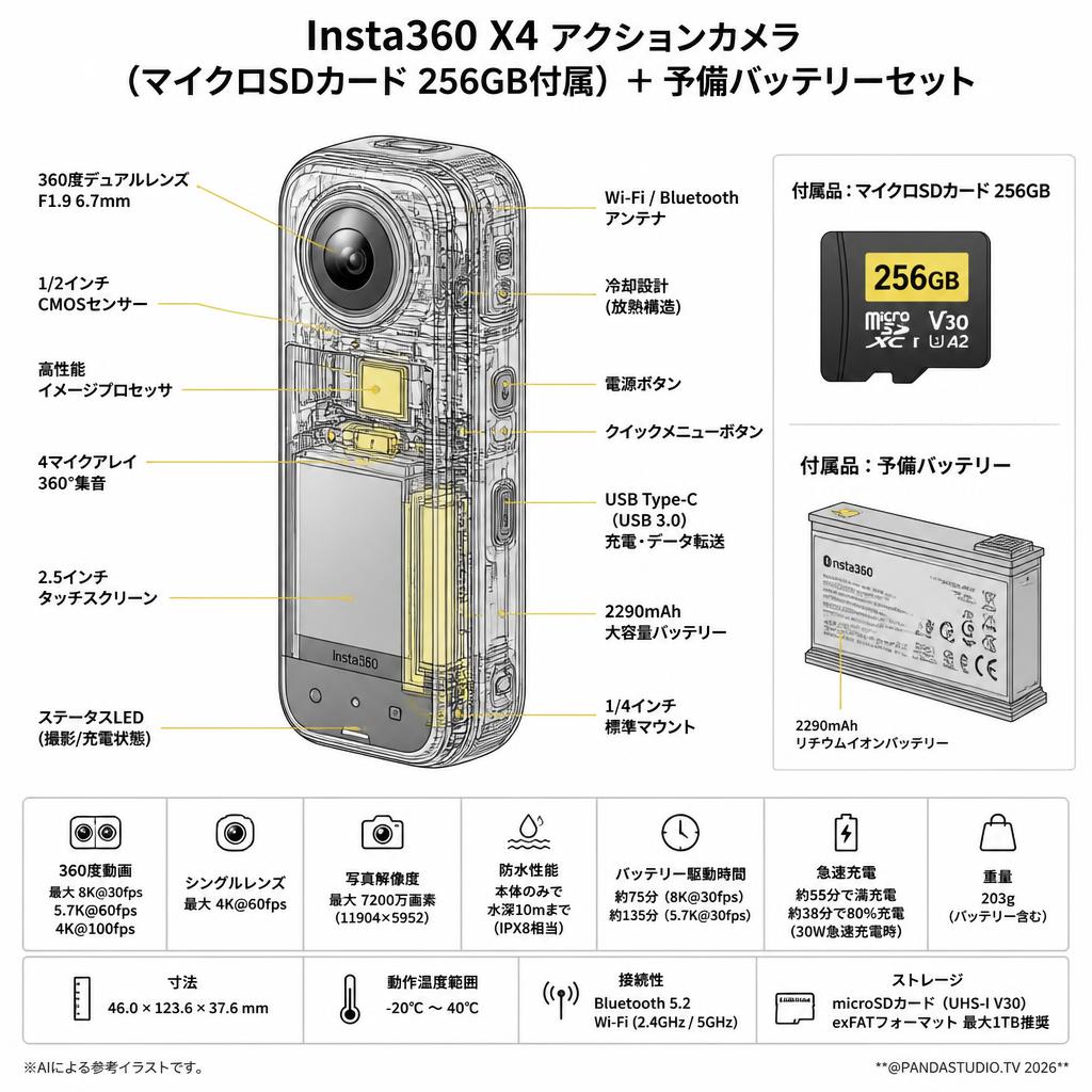 Insta360 X4 アクションカメラ  (マイクロSDカード 256GB付属）＋ 予備バッテリーセット スペック