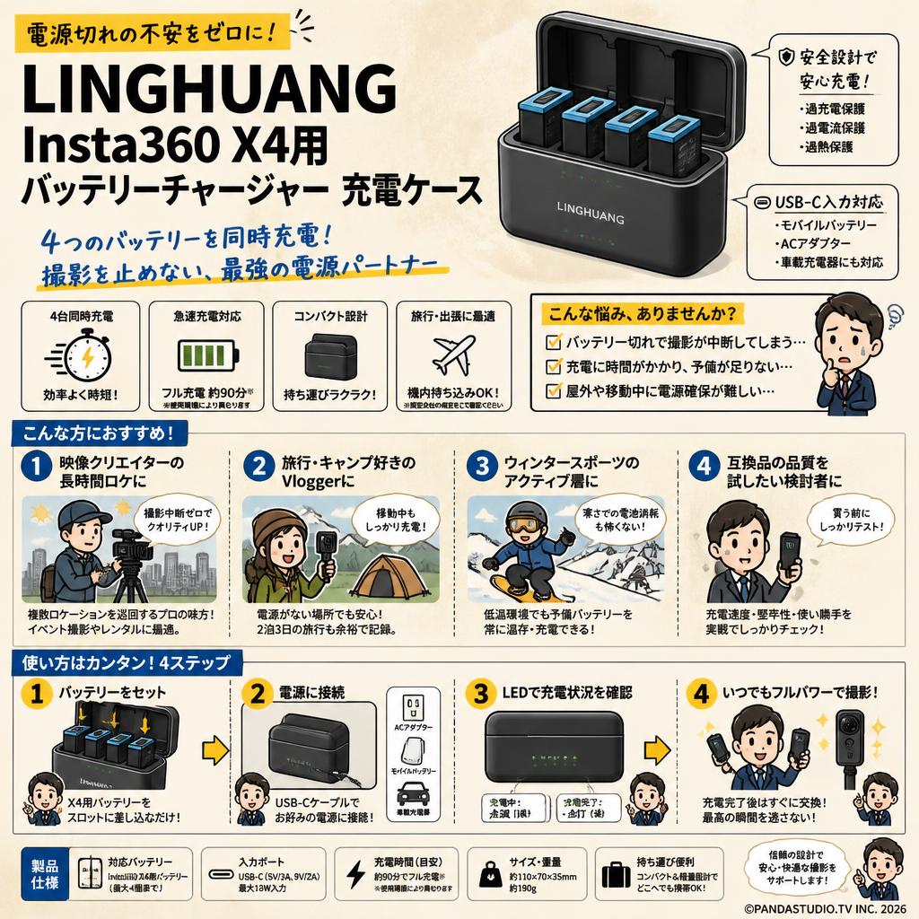 LINGHUANG Insta360 X4用バッテリーチャージャー 充電ケース おもな対象のお客様
