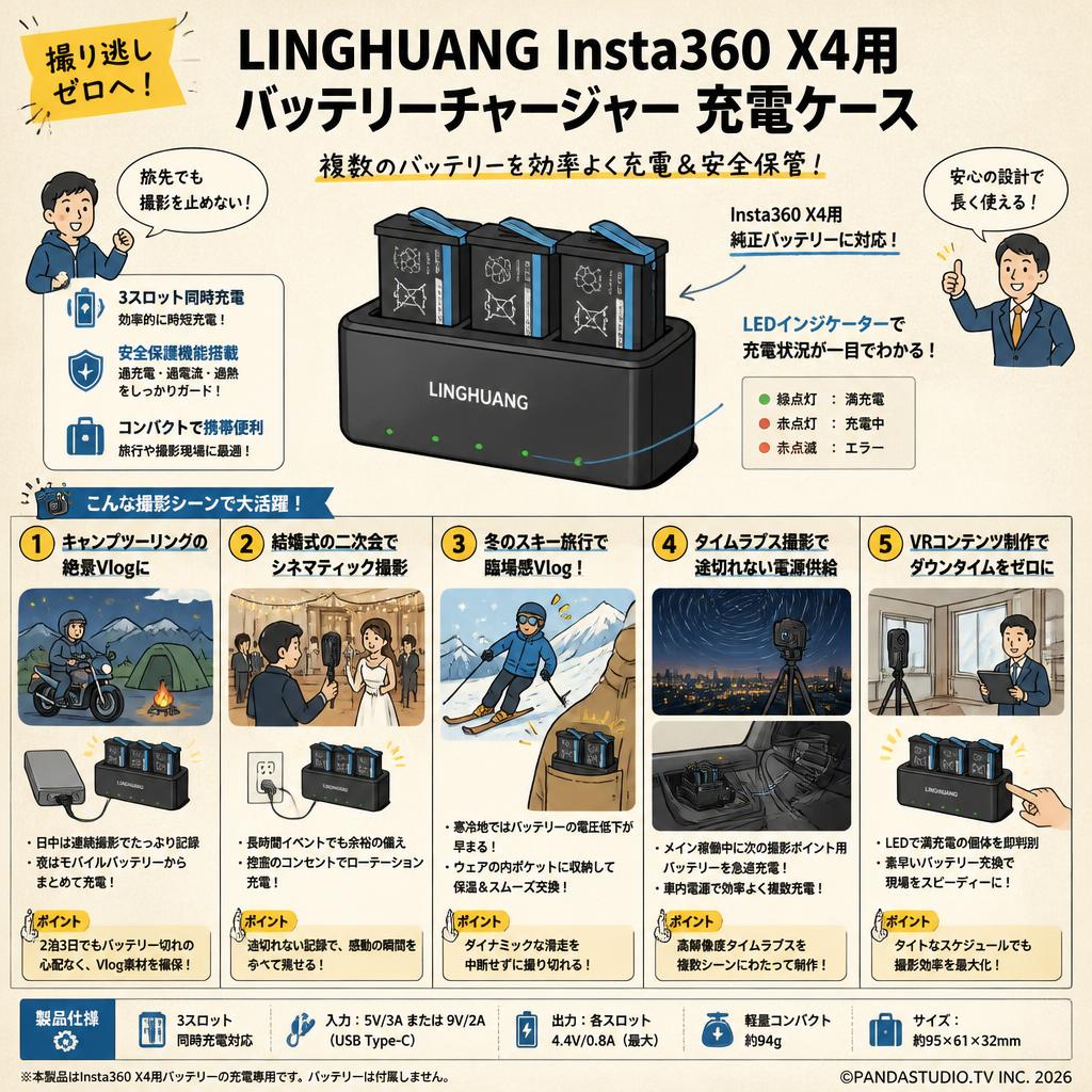 LINGHUANG Insta360 X4用バッテリーチャージャー 充電ケース 用途