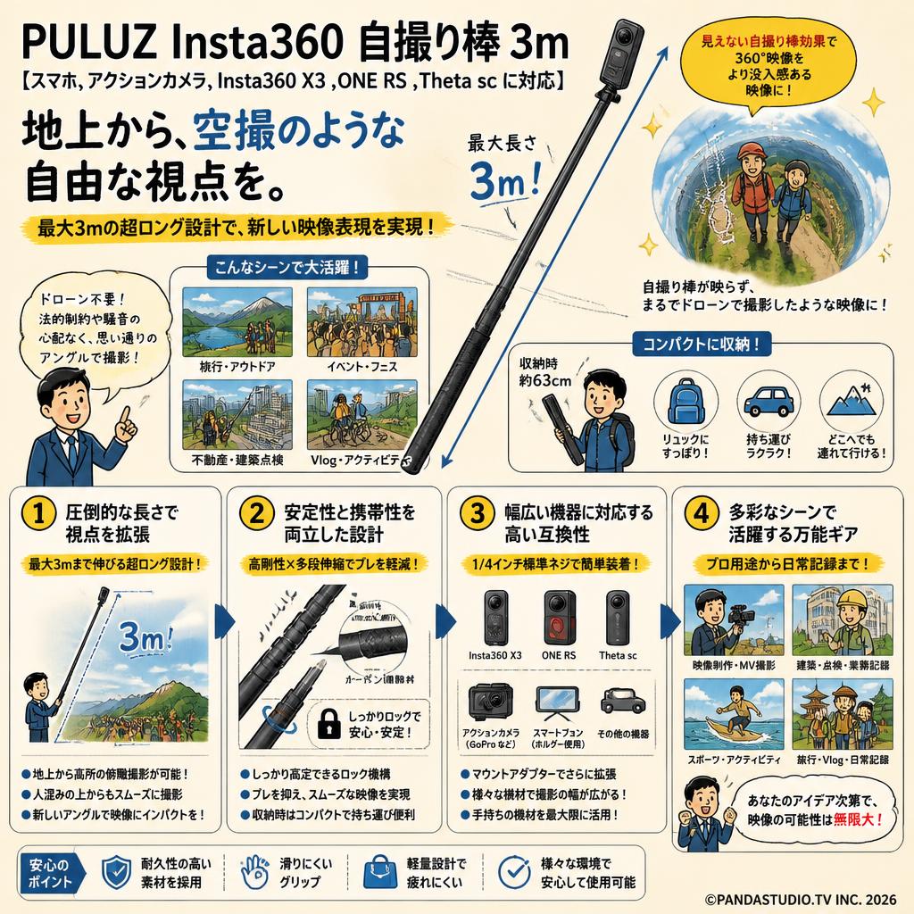 PULUZ Insta360 自撮り棒 3m 【スマホ, アクションカメラ, Insta360 X3 ,ONE RS ,Theta sc に対応】 概要