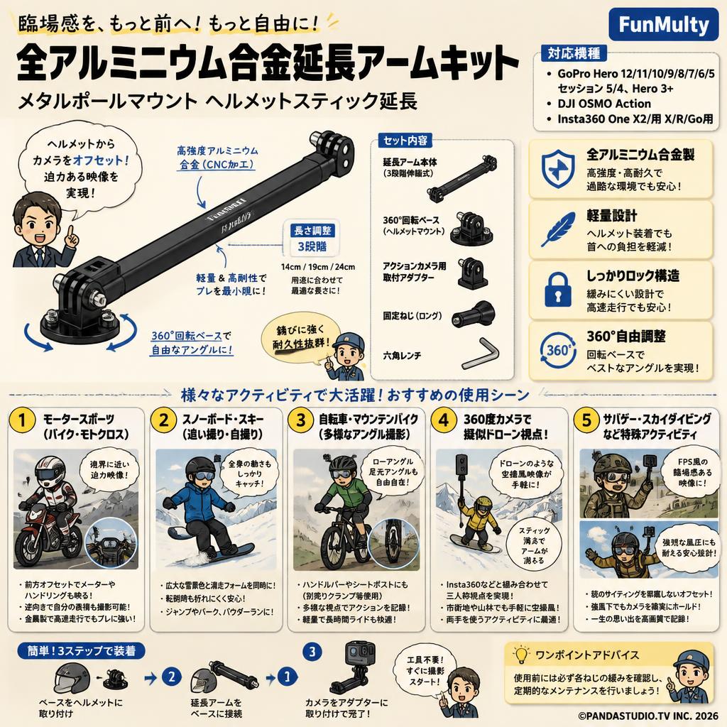 FunMulty 全アルミニウム合金延長アームキット メタルポールマウント ヘルメットスティック延長【 GoPro Hero 12/11/10/9/8/7/6/5、セッション 5/4、Hero 3+、DJI OSMO Action、Insta360 One X2/用 X/R/Go用】 用途