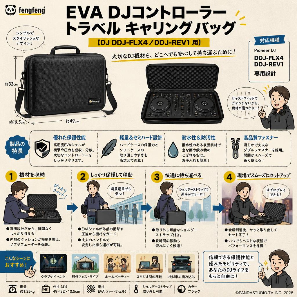 fengfeng EVA DJェルコントローラートラベル キャリング バッグ 【DJ DDJ-FLX4／DDJ-REV1 用】 概要