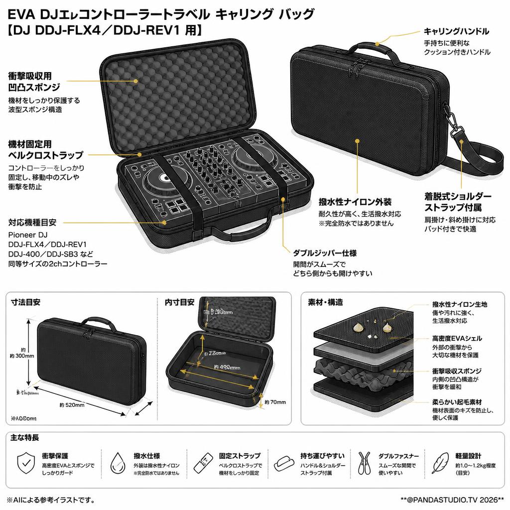 fengfeng EVA DJェルコントローラートラベル キャリング バッグ 【DJ DDJ-FLX4／DDJ-REV1 用】 スペック