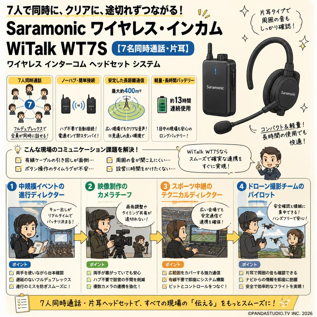 Saramonic  ワイヤレス・インカム WiTalk WT7S 【7名同時通話・片耳】ワイヤレス インターコム ヘッドセット システム おもな対象のお客様