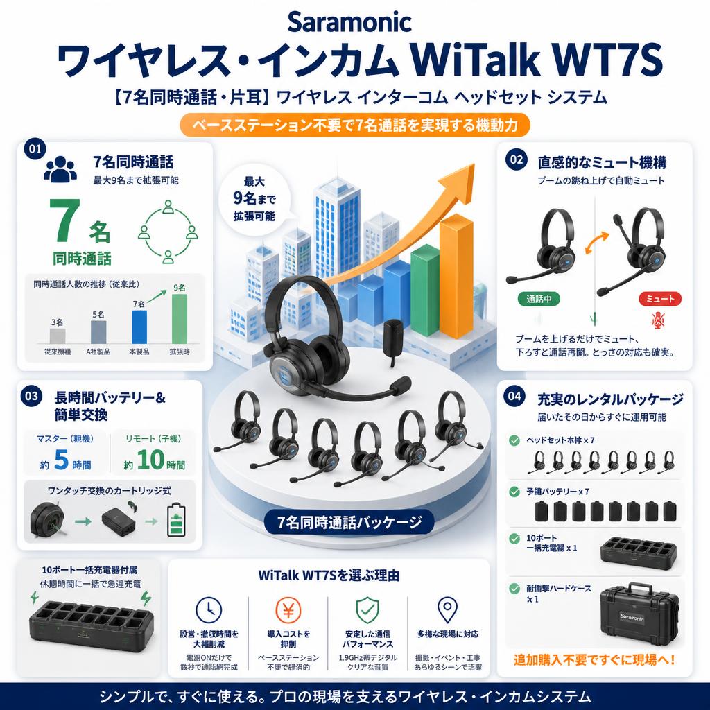 Saramonic  ワイヤレス・インカム WiTalk WT7S 【7名同時通話・片耳】ワイヤレス インターコム ヘッドセット システム セールスポイント