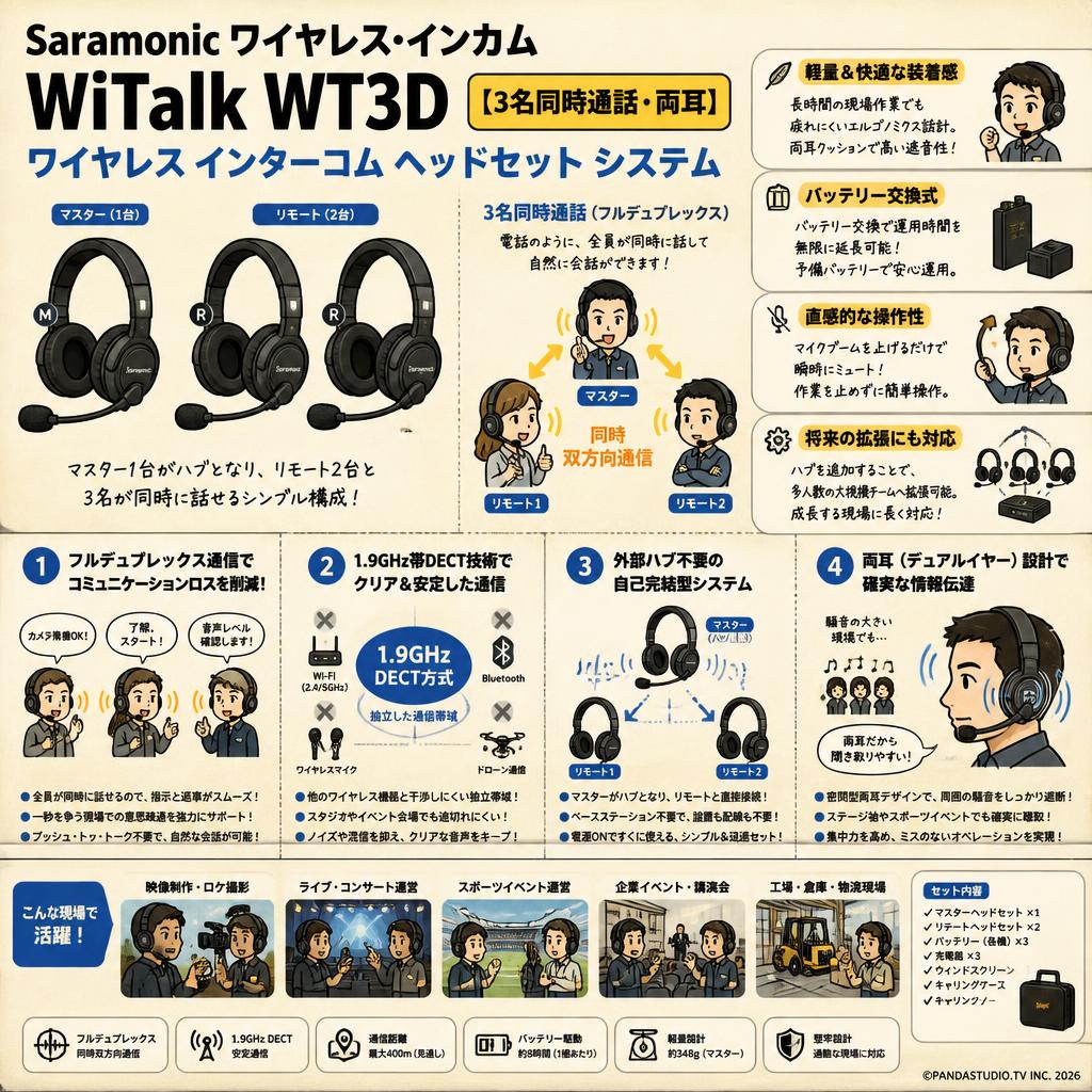 Saramonic ワイヤレス・インカム  WiTalk WT3D【３名同時通話・両耳】ワイヤレス インターコム ヘッドセット システム 概要
