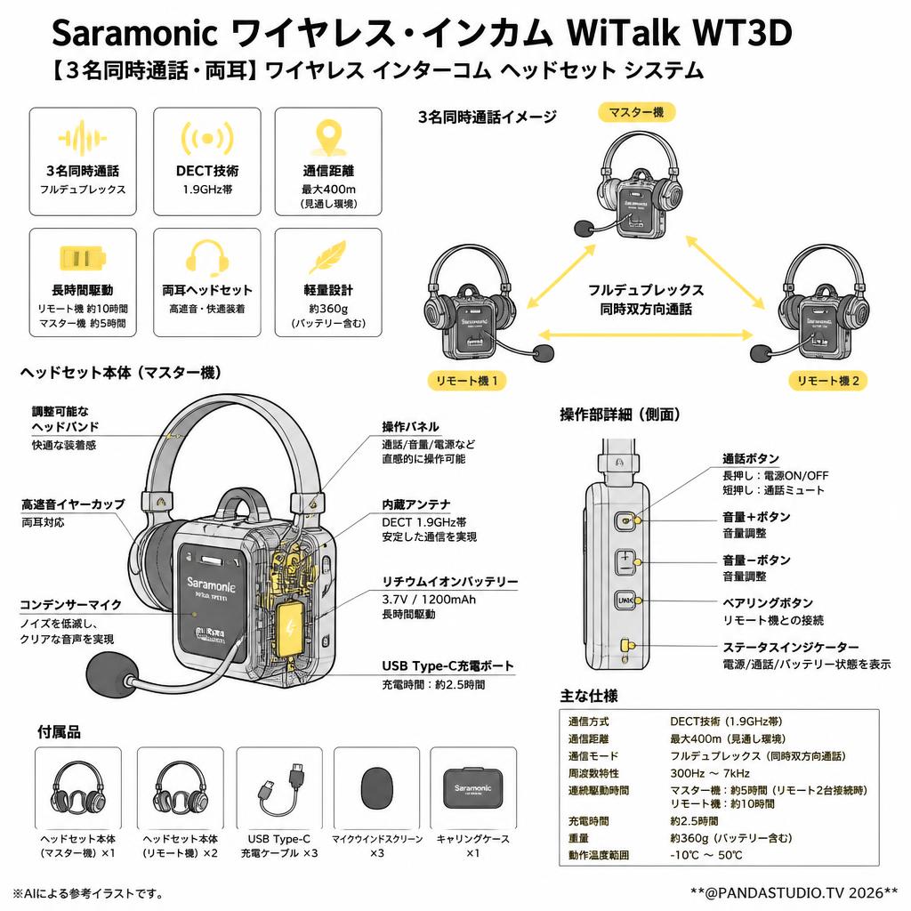 Saramonic ワイヤレス・インカム  WiTalk WT3D【３名同時通話・両耳】ワイヤレス インターコム ヘッドセット システム スペック