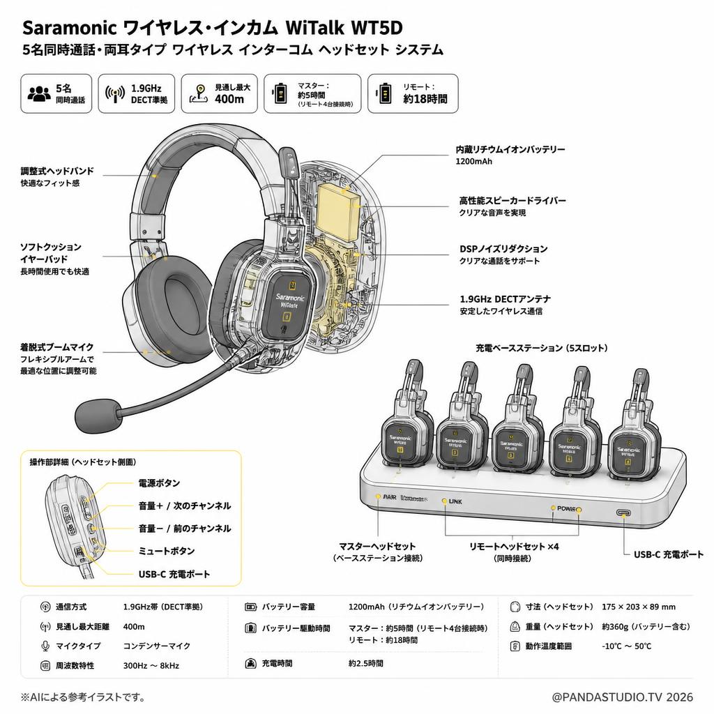 【レビュー投稿でレンタル料金50％ポイントバックキャンペーン】Saramonic ワイヤレス・インカム  WiTalk WT5D【5名同時通話・両耳】ワイヤレス インターコム ヘッドセット システム スペック