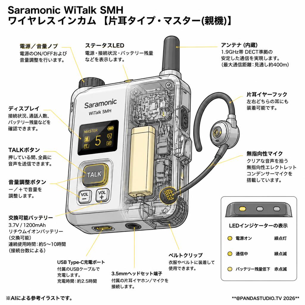 Saramonic WiTalk SMH ワイヤレスインカム 【片耳タイプ・ マスター(親機)】 スペック