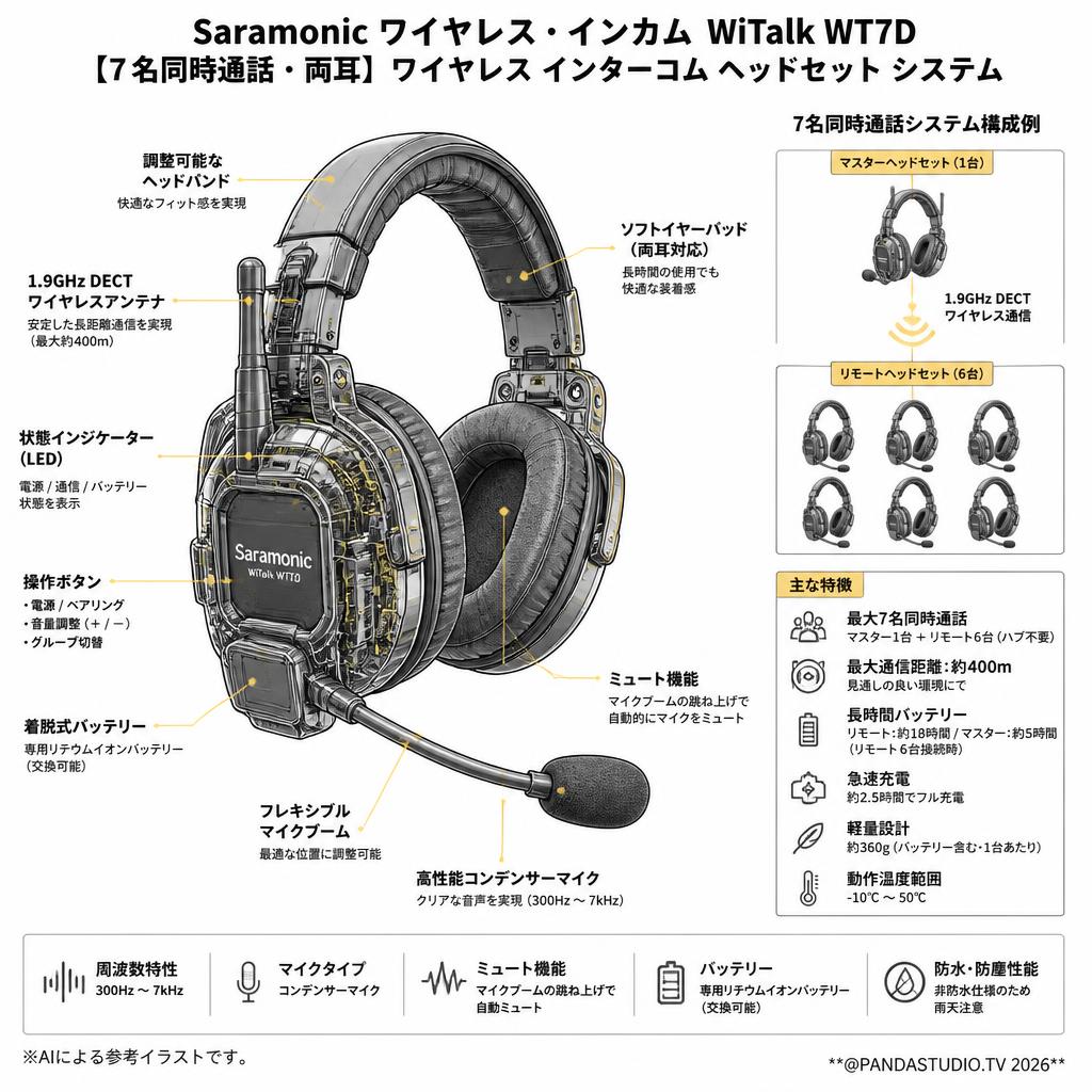 Saramonic ワイヤレス・インカム  WiTalk WT7D【7名同時通話・両耳】ワイヤレス インターコム ヘッドセット システム スペック