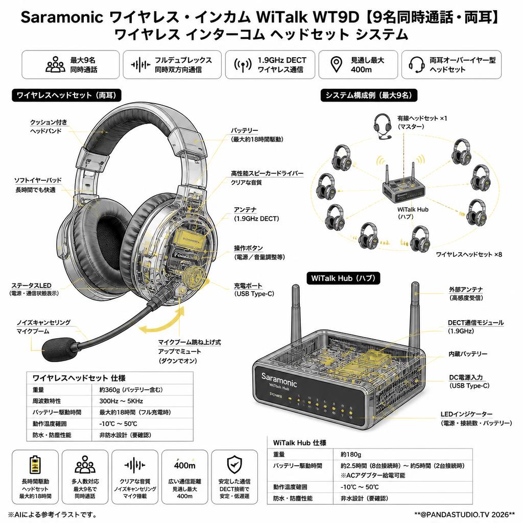 Saramonic ワイヤレス・インカム  WiTalk WT9D【9名同時通話・両耳】ワイヤレス インターコム ヘッドセット システム スペック