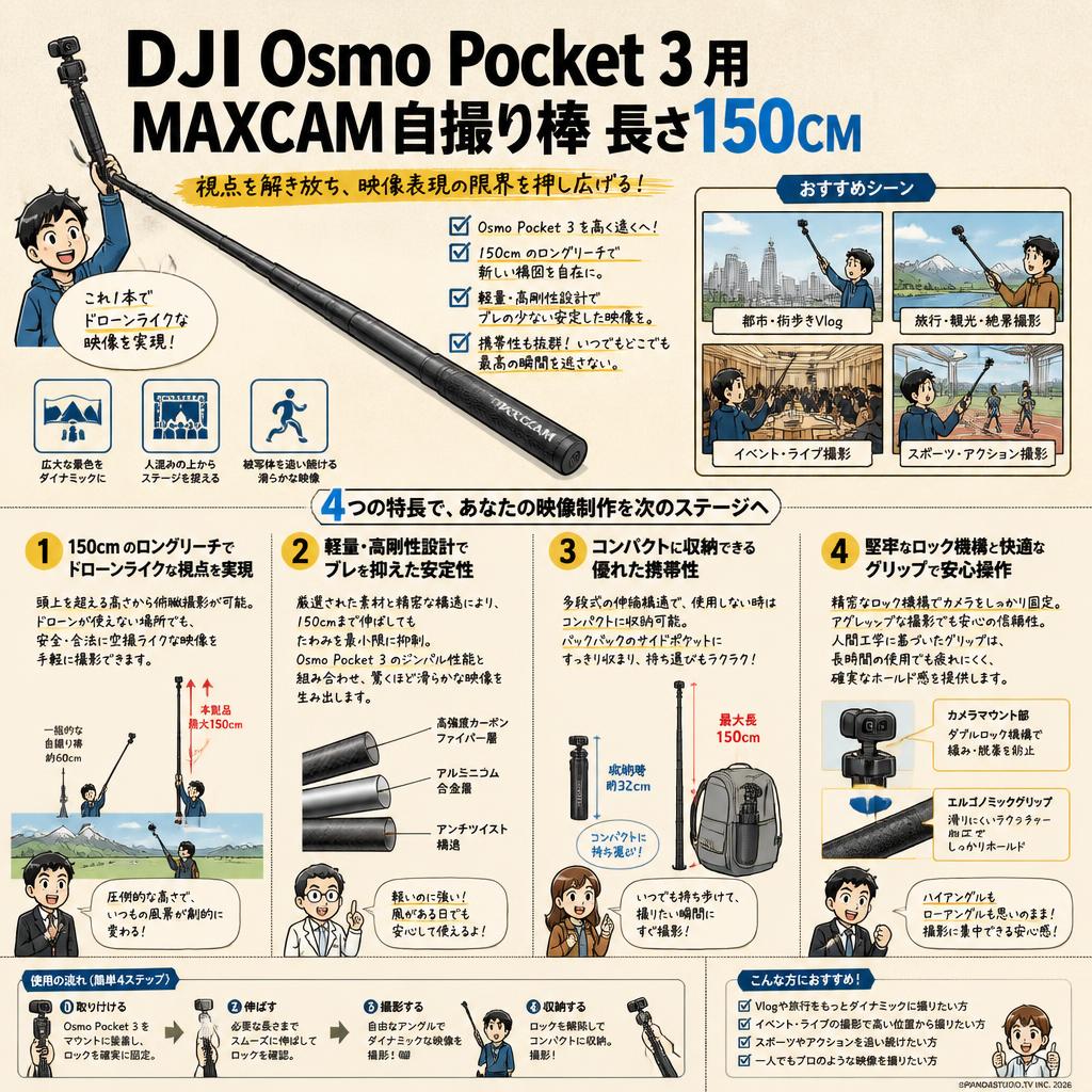DJI Osmo Pocket 3 用 MAXCAM自撮り棒 長さ150CM 概要