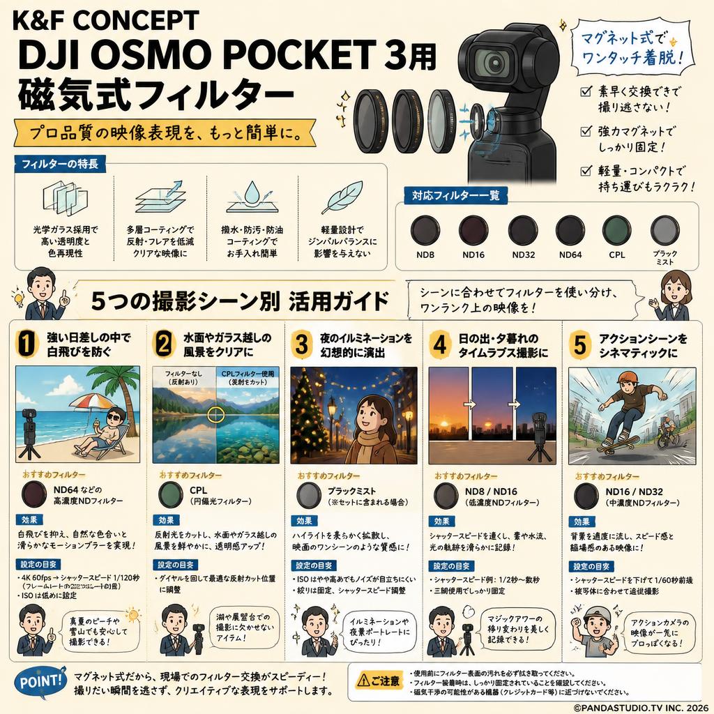 K&F Concept DJI OSMO Pocket 3用磁気式フィルター 用途