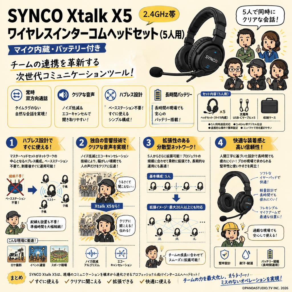 SYNCO Xtalk X5 2.4Ghz帯 ワイヤレスインターコムヘッドセット (5人用
