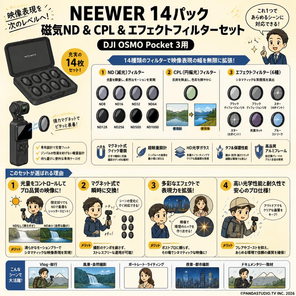 NEEWER 14パック 磁気ND & CPL & エフェクトフィルターセット DJI OSMO Pocket 3用 概要