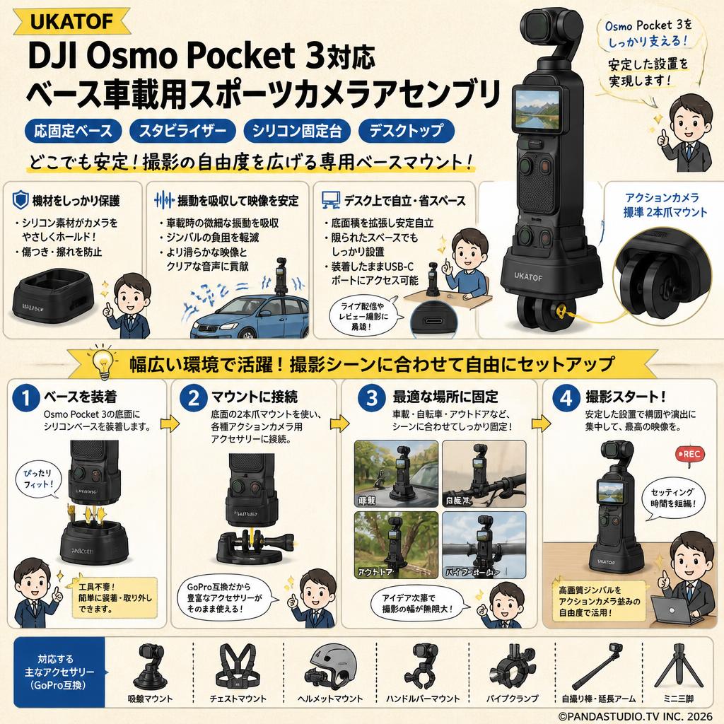 UKATOF DJI Osmo Pocket 3対応ベース車載用スポーツカメラアセンブリ 応固定ベーススタビライザー シリコン固定台 デスクトップ 概要