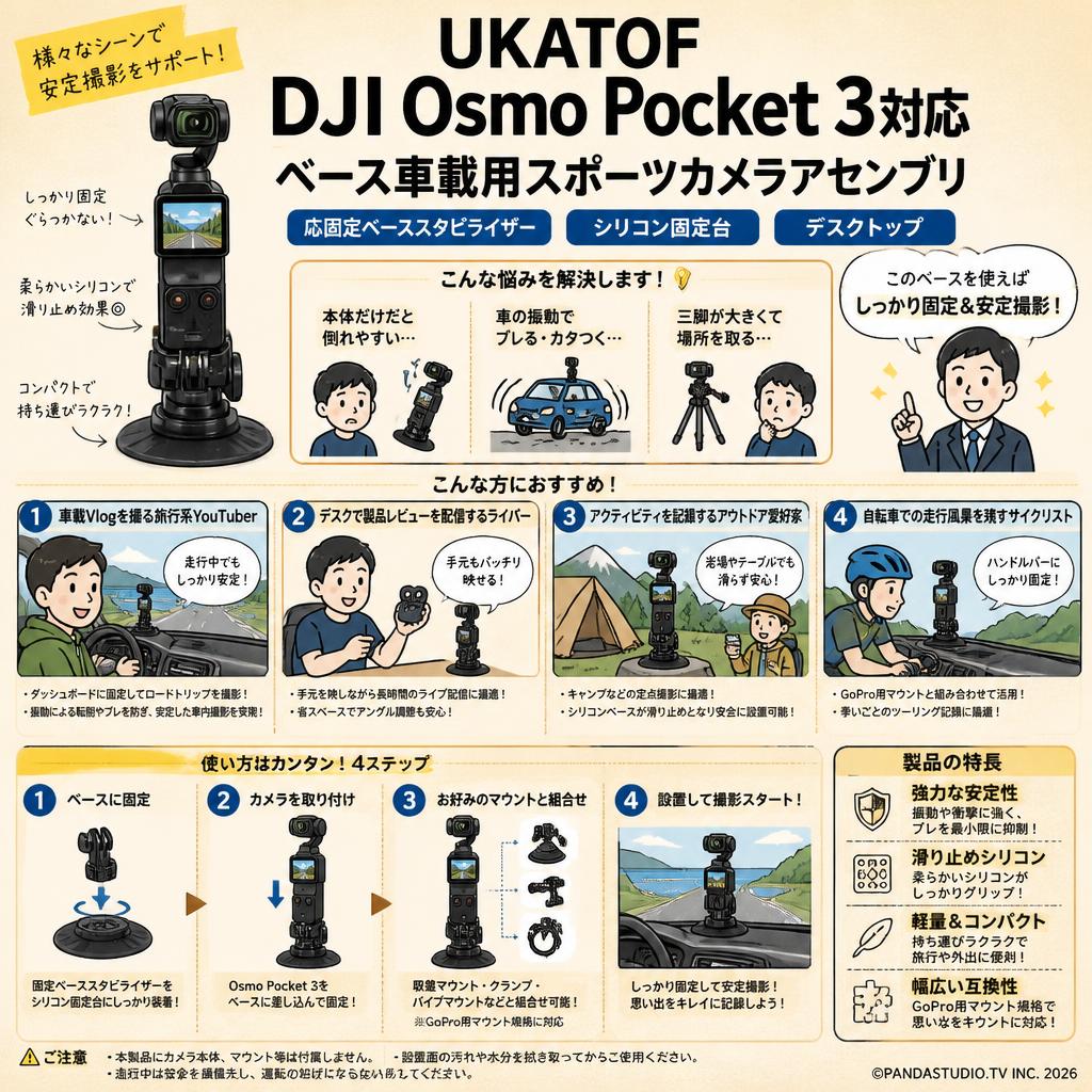 UKATOF DJI Osmo Pocket 3対応ベース車載用スポーツカメラアセンブリ 応固定ベーススタビライザー シリコン固定台 デスクトップ おもな対象のお客様