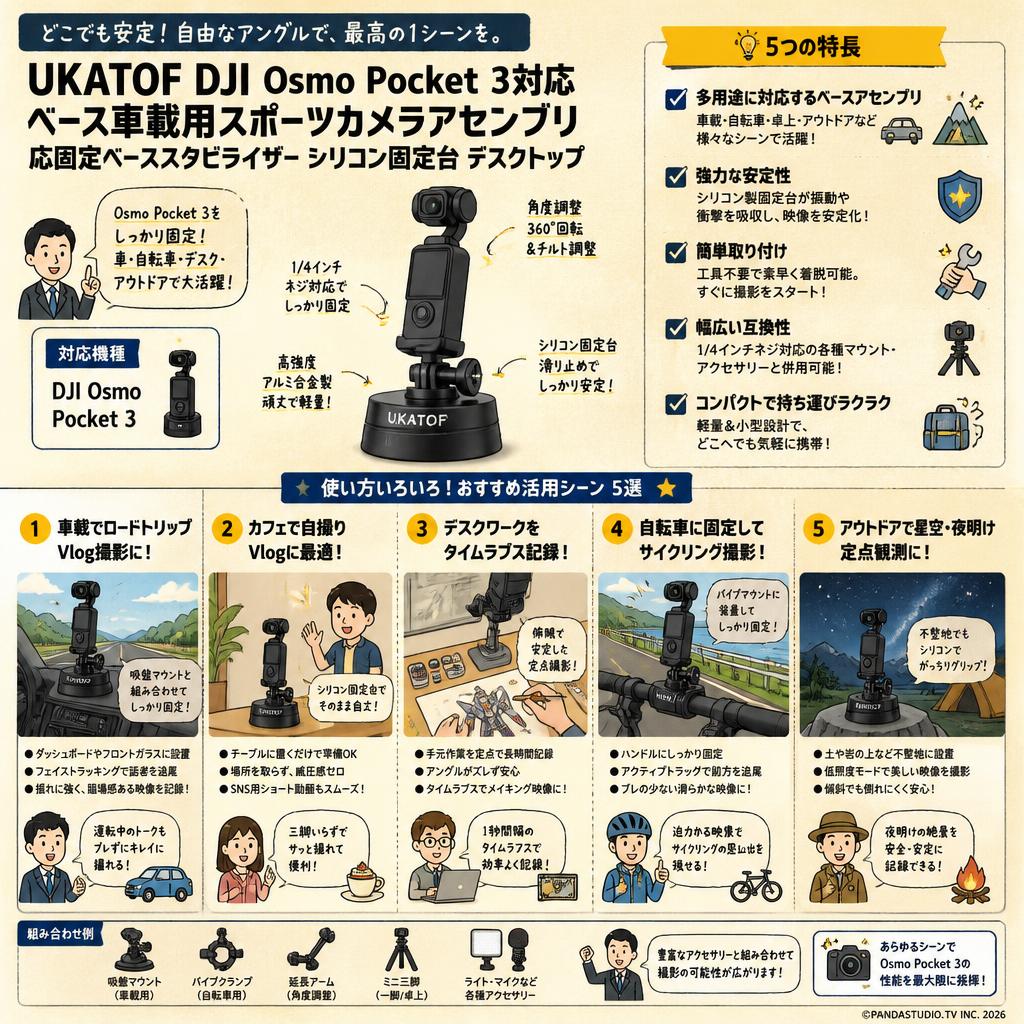 UKATOF DJI Osmo Pocket 3対応ベース車載用スポーツカメラアセンブリ 応固定ベーススタビライザー シリコン固定台 デスクトップ 用途