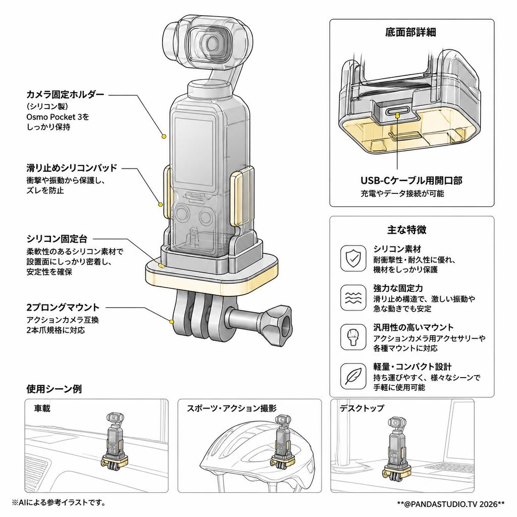 UKATOF DJI Osmo Pocket 3対応ベース車載用スポーツカメラアセンブリ 応固定ベーススタビライザー シリコン固定台 デスクトップ スペック