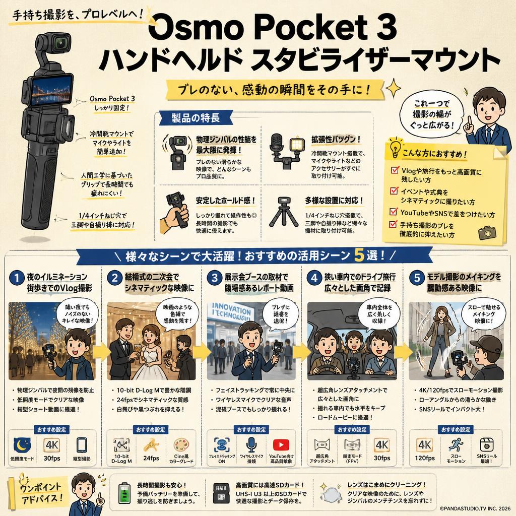Osmo Pocket 3 ハンドヘルド スタビライザーマウント 用途