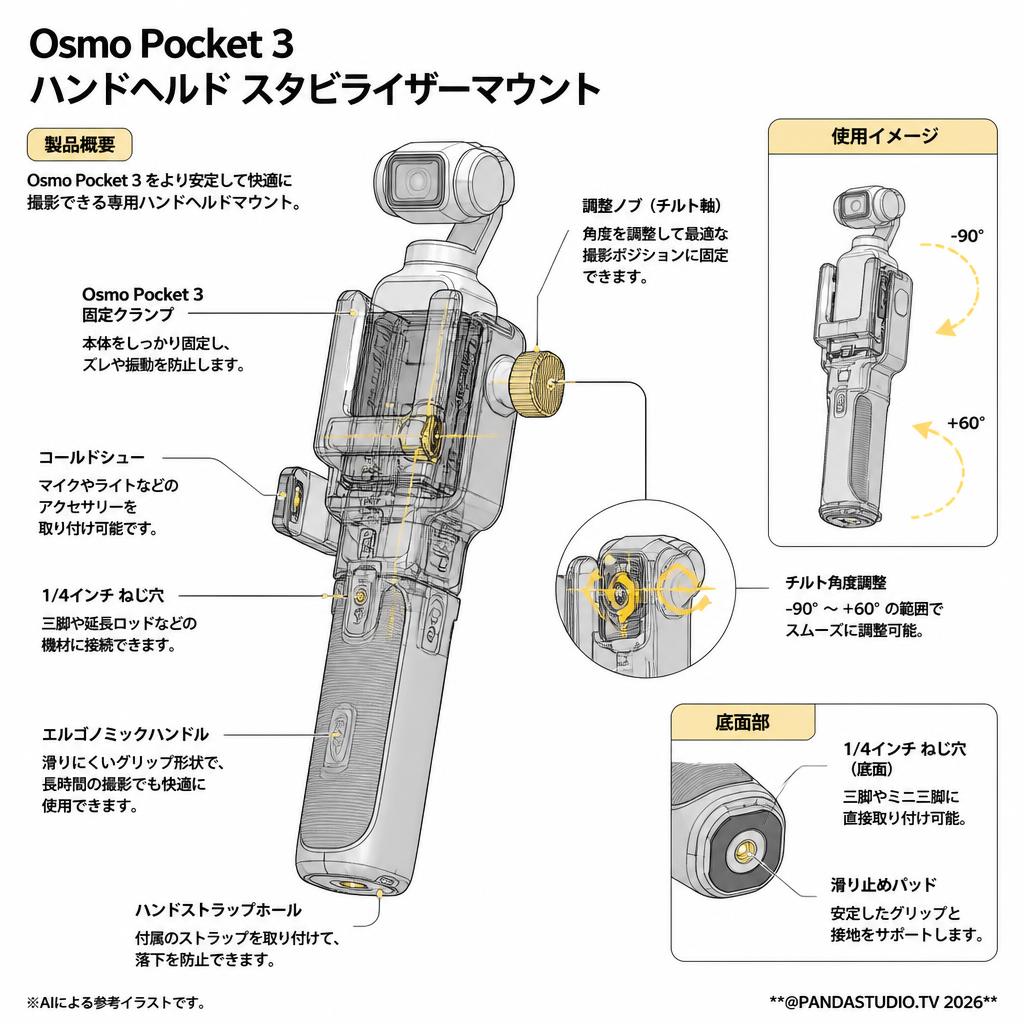 Osmo Pocket 3 ハンドヘルド スタビライザーマウント スペック