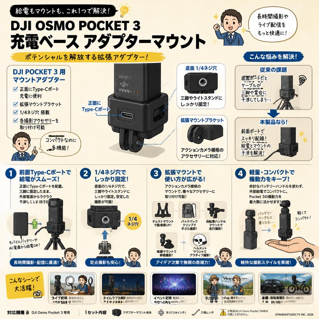 DJI OSMO POCKET 3 充電ベース アダプターマウント DJI POCKET 3 用マウントアダプター 正面にType-Cポート 充電に便利 拡張マウント ブラケット 1/4ネジ穴 各撮影アクセサリーを取り付け可能 概要
