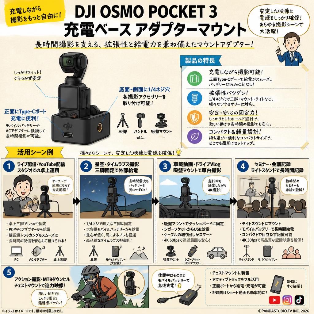 DJI OSMO POCKET 3 充電ベース アダプターマウント DJI POCKET 3 用マウントアダプター 正面にType-Cポート 充電に便利 拡張マウント ブラケット 1/4ネジ穴 各撮影アクセサリーを取り付け可能 用途
