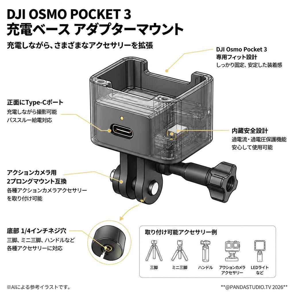 DJI OSMO POCKET 3 充電ベース アダプターマウント DJI POCKET 3 用マウントアダプター 正面にType-Cポート 充電に便利 拡張マウント ブラケット 1/4ネジ穴 各撮影アクセサリーを取り付け可能 スペック