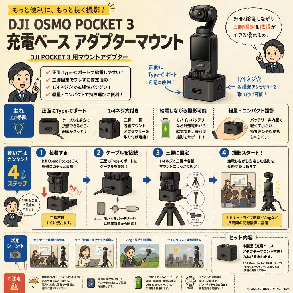 DJI OSMO POCKET 3 充電ベース アダプターマウント DJI POCKET 3 用マウントアダプター 正面にType-Cポート 充電に便利 拡張マウント ブラケット 1/4ネジ穴 各撮影アクセサリーを取り付け可能 FAQ（よくある質問と答え）