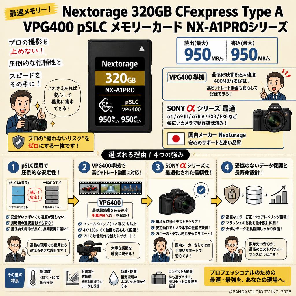 【最速メモリー】Nextorage 320GB CFexpress Type A VPG400 pSLC メモリーカード NX-A1PROシリーズ 読出：950MB/s 書込：950MB/s SONY α 最適 NX-A1PRO320G/INE　国内メーカー 概要