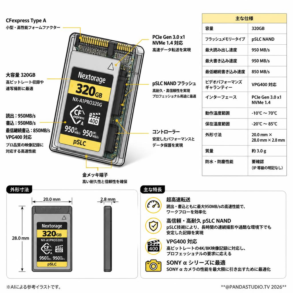 【最速メモリー】Nextorage 320GB CFexpress Type A VPG400 pSLC メモリーカード NX-A1PROシリーズ 読出：950MB/s 書込：950MB/s SONY α 最適 NX-A1PRO320G/INE　国内メーカー スペック